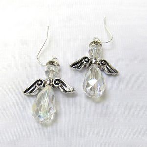 Silver Plated Crystal Beaded Angel Dangle Drop Pierced Fish Hook Earrings